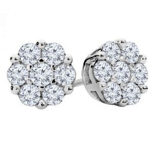 Iced White Gold Cluster 925 Sterling Silver Best Flower Screw Back Stud Earrings